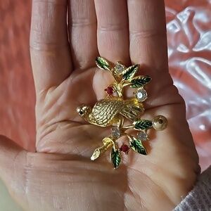 Vintage Dante Bird On A Branch With Faux Rhinestones Christmas Brooch